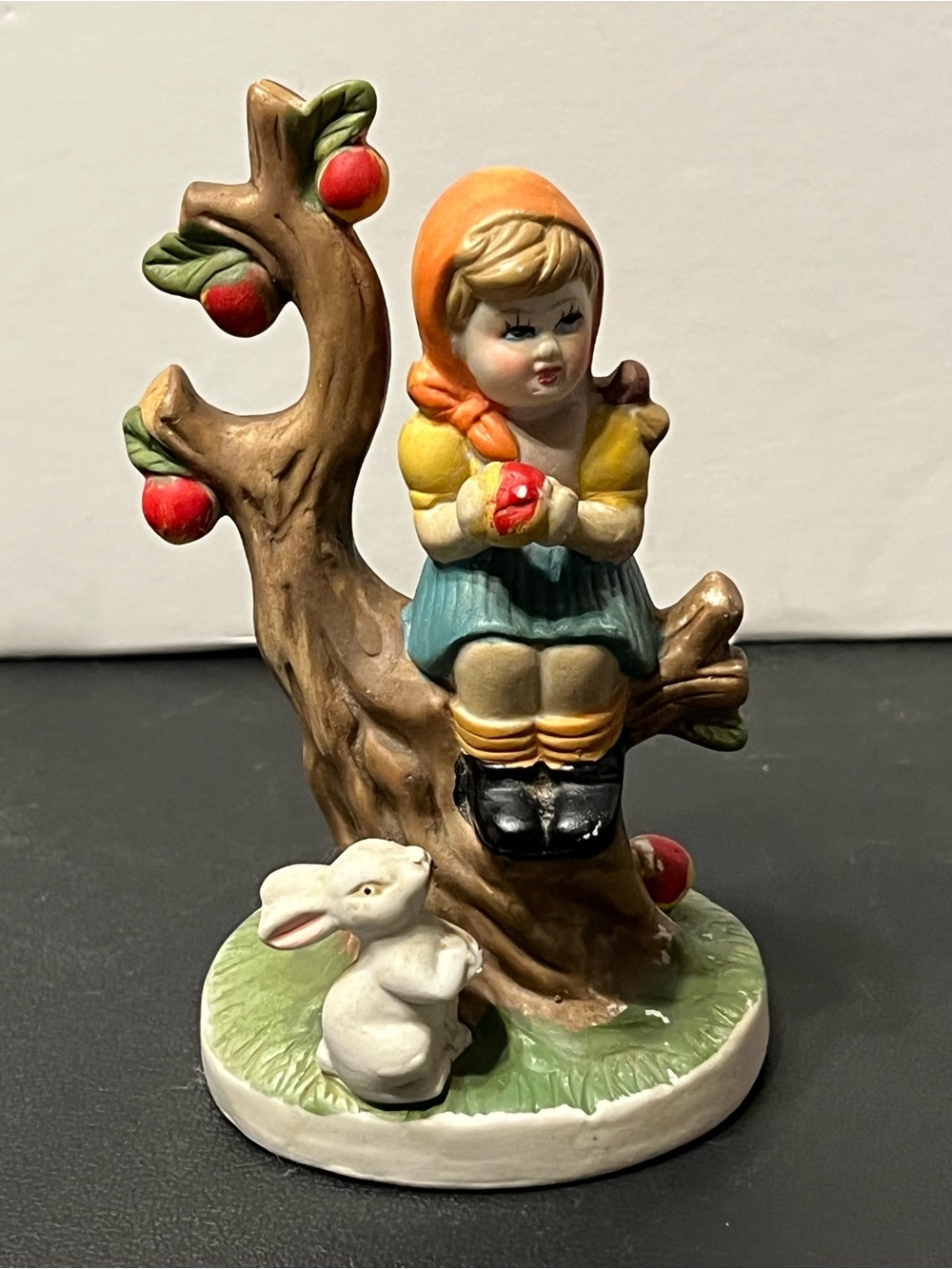 Vintage Girl Figurine In Apple Tree With Bunny